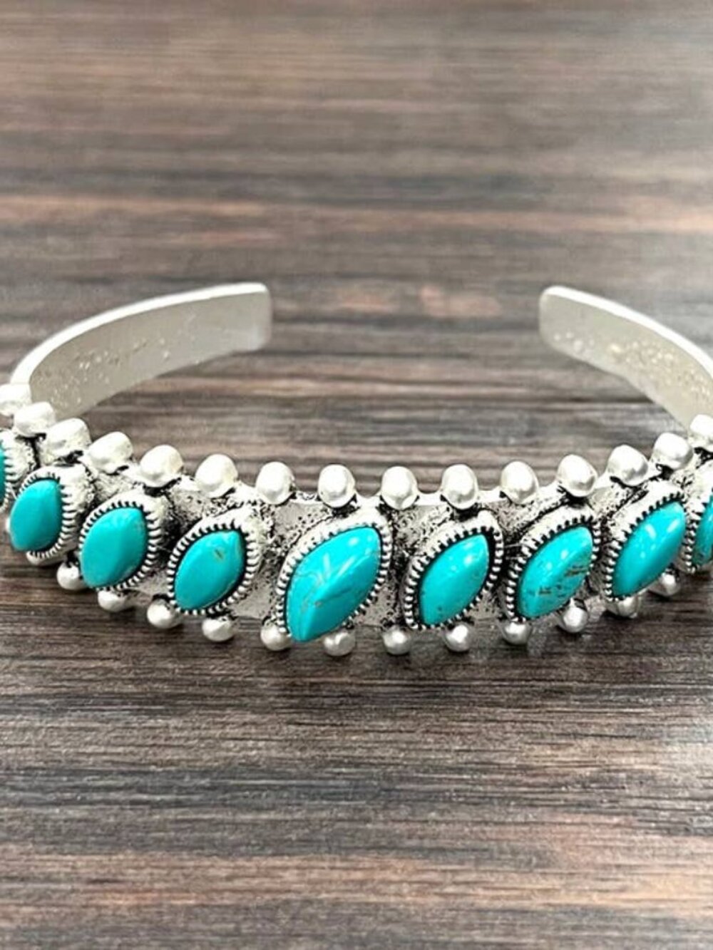 Turquoise Oval Cluster Cuff Bracelet Western Boho Silver Tone Statement